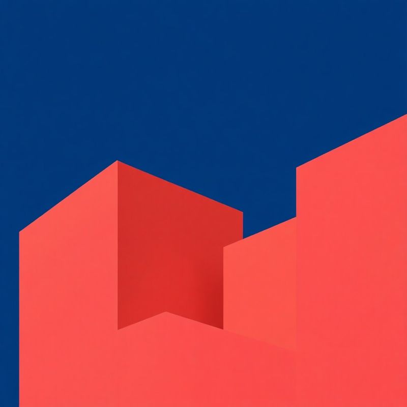 Blocos abstratos em azul meia-noite e coral sobrepostos como páginas editoriais