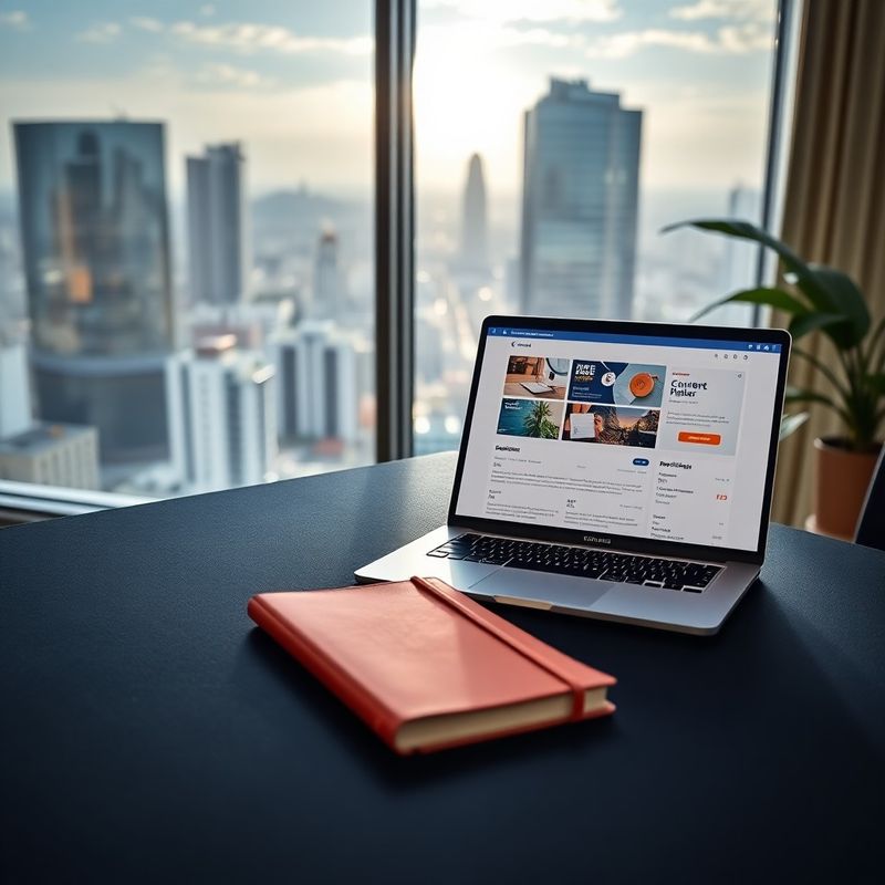 Mesa editorial com caderno de capa coral e MacBook aberto em um calendário de conteúdo, vista de São Paulo ao fundo