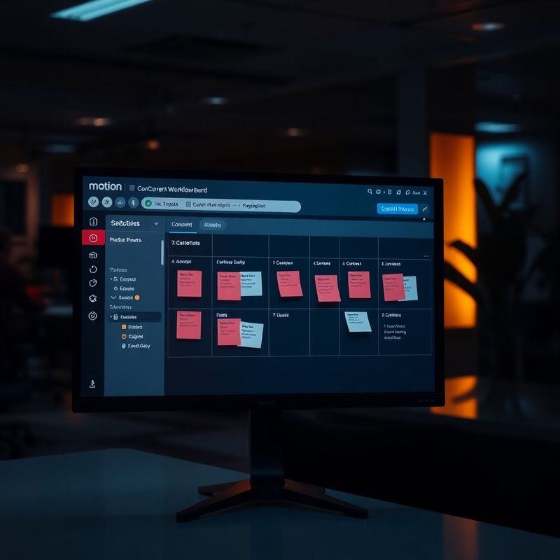 Quadro de workflow de conteúdo no Notion exibido em monitor com etiquetas coral