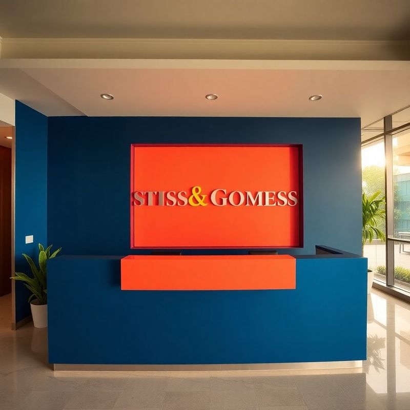 Recepção da Santos & Gomes na Av. Paulista com parede azul meia-noite e logotipo coral